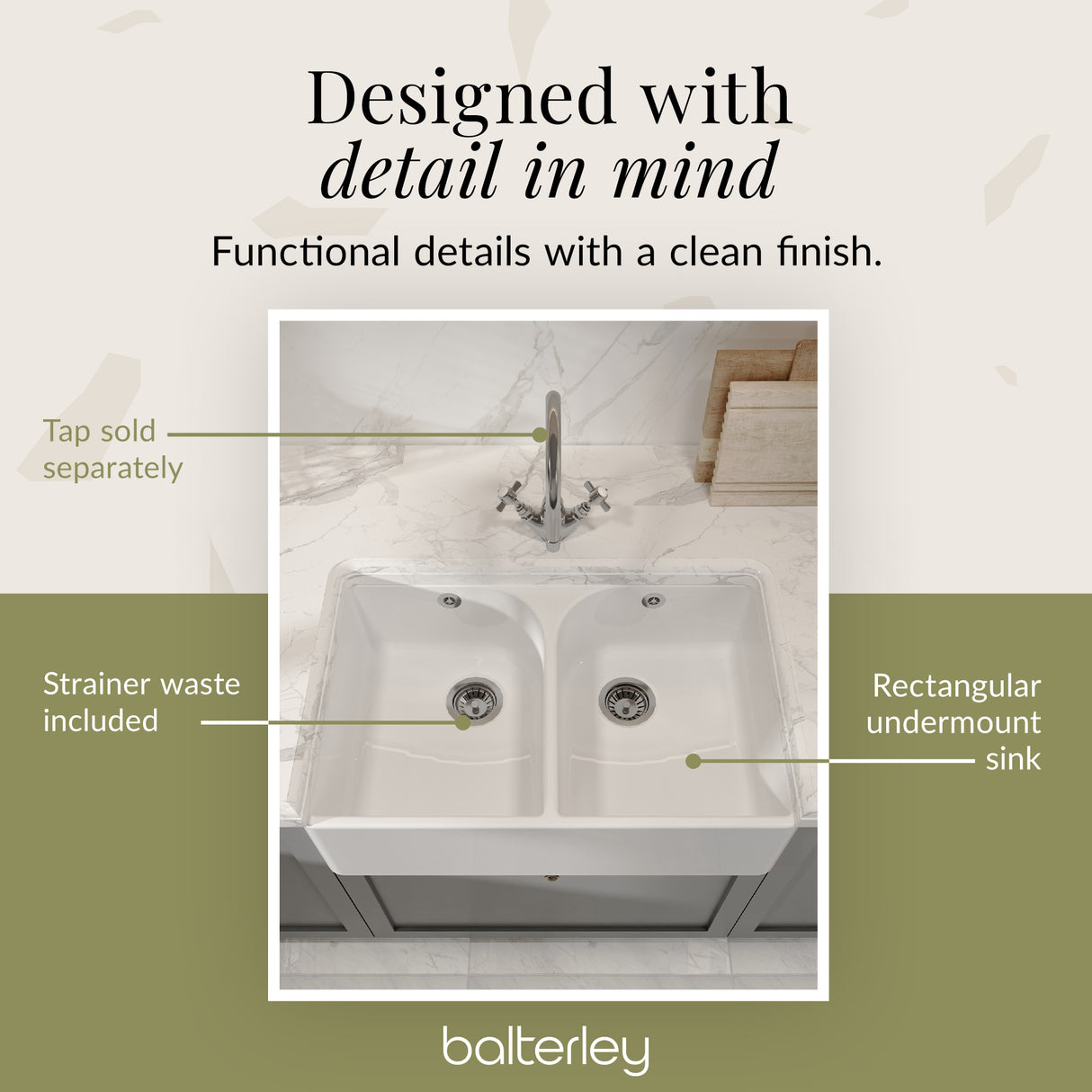 Double Bowl Butler Sink with Overflow - Choice of Tap and Waste - 795mm