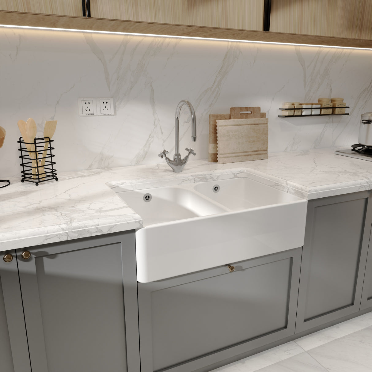 Double Bowl Butler Sink with Overflow - Choice of Tap and Waste - 795mm