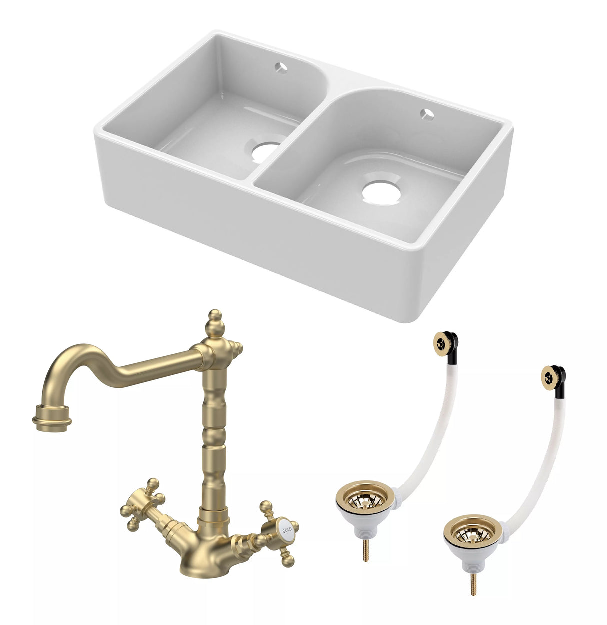 Double Bowl Butler Sink with Overflow - Choice of Tap and Waste - 795mm