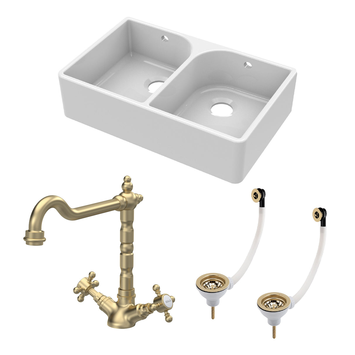 Double Bowl Butler Sink with Overflow - Choice of Tap and Waste - 795mm