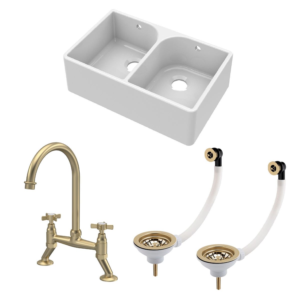 Double Bowl Butler Sink with Overflow - Choice of Tap and Waste - 795mm