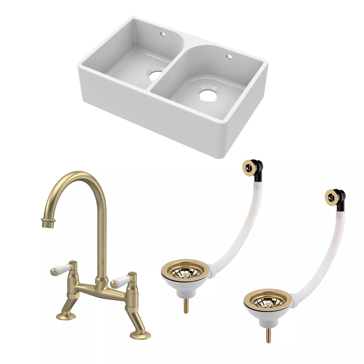 Double Bowl Butler Sink with Overflow - Choice of Tap and Waste - 795mm