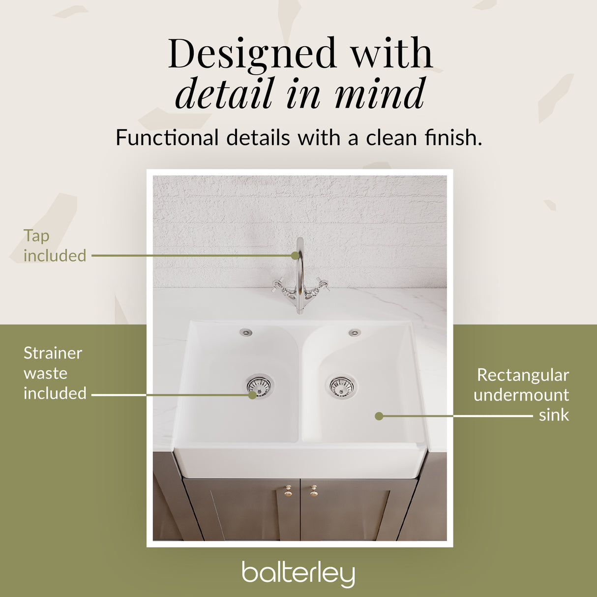 Double Bowl Butler Sink with Overflow - Choice of Tap and Waste - 795mm