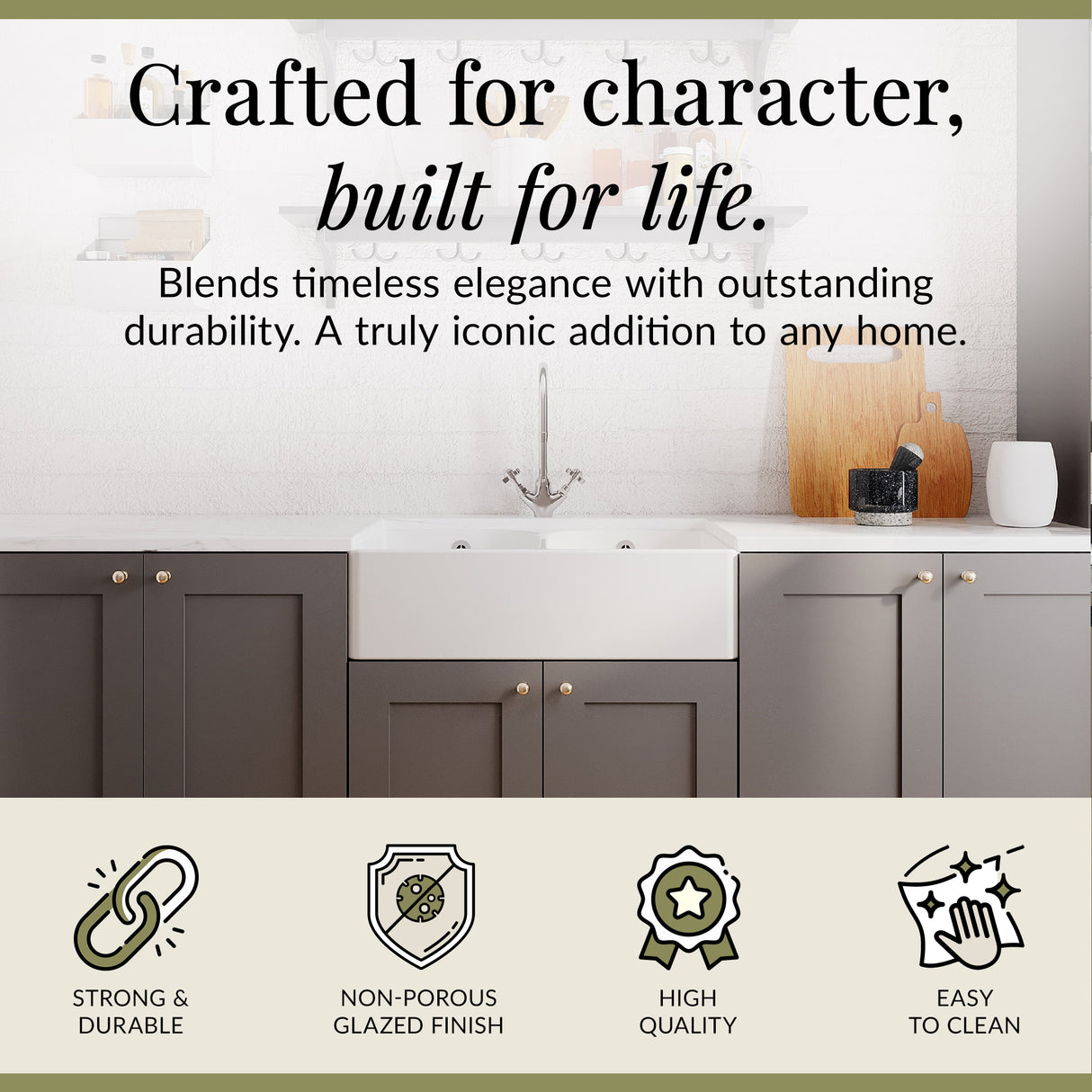 Double Bowl Butler Sink with Overflow - Choice of Tap and Waste - 795mm