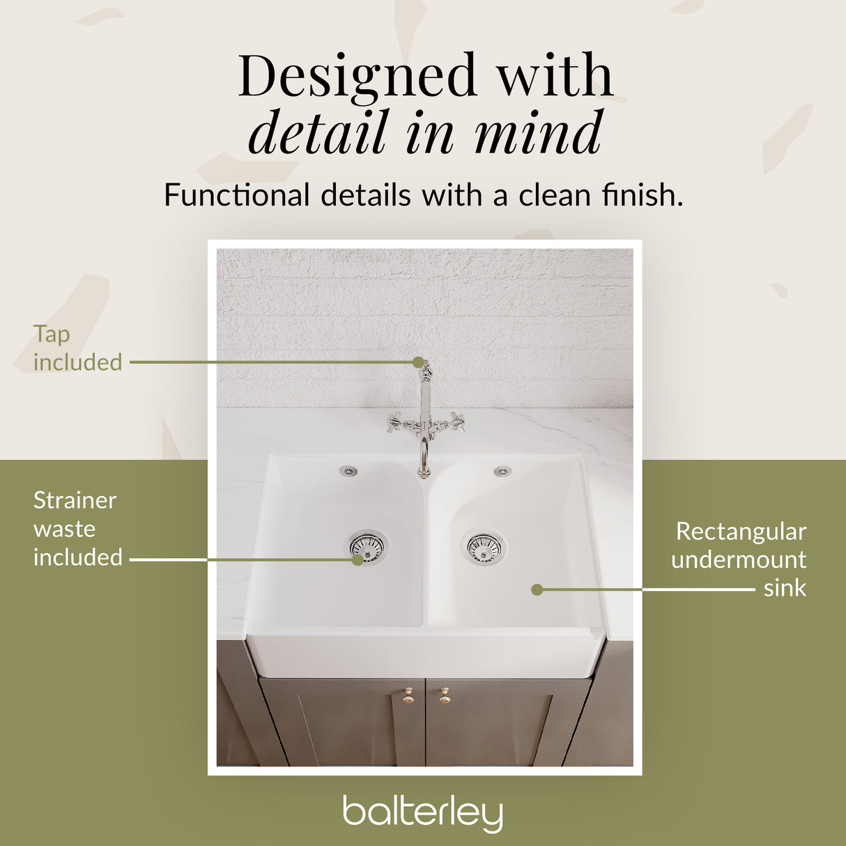 Double Bowl Butler Sink with Overflow - Choice of Tap and Waste - 795mm