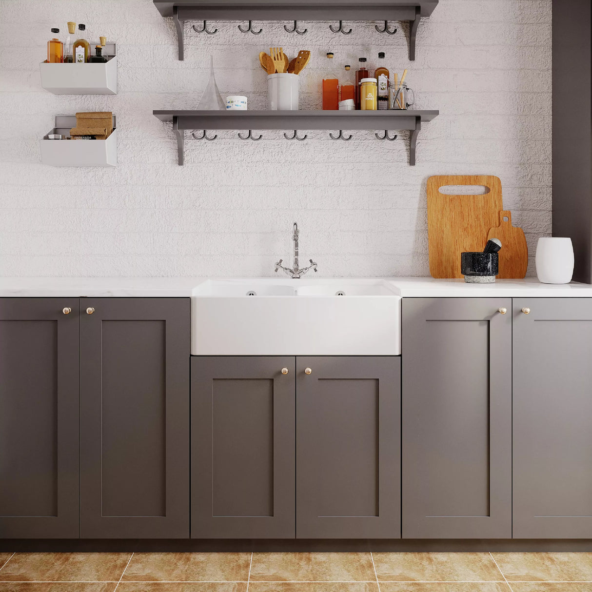 Double Bowl Butler Sink with Overflow - Choice of Tap and Waste - 795mm