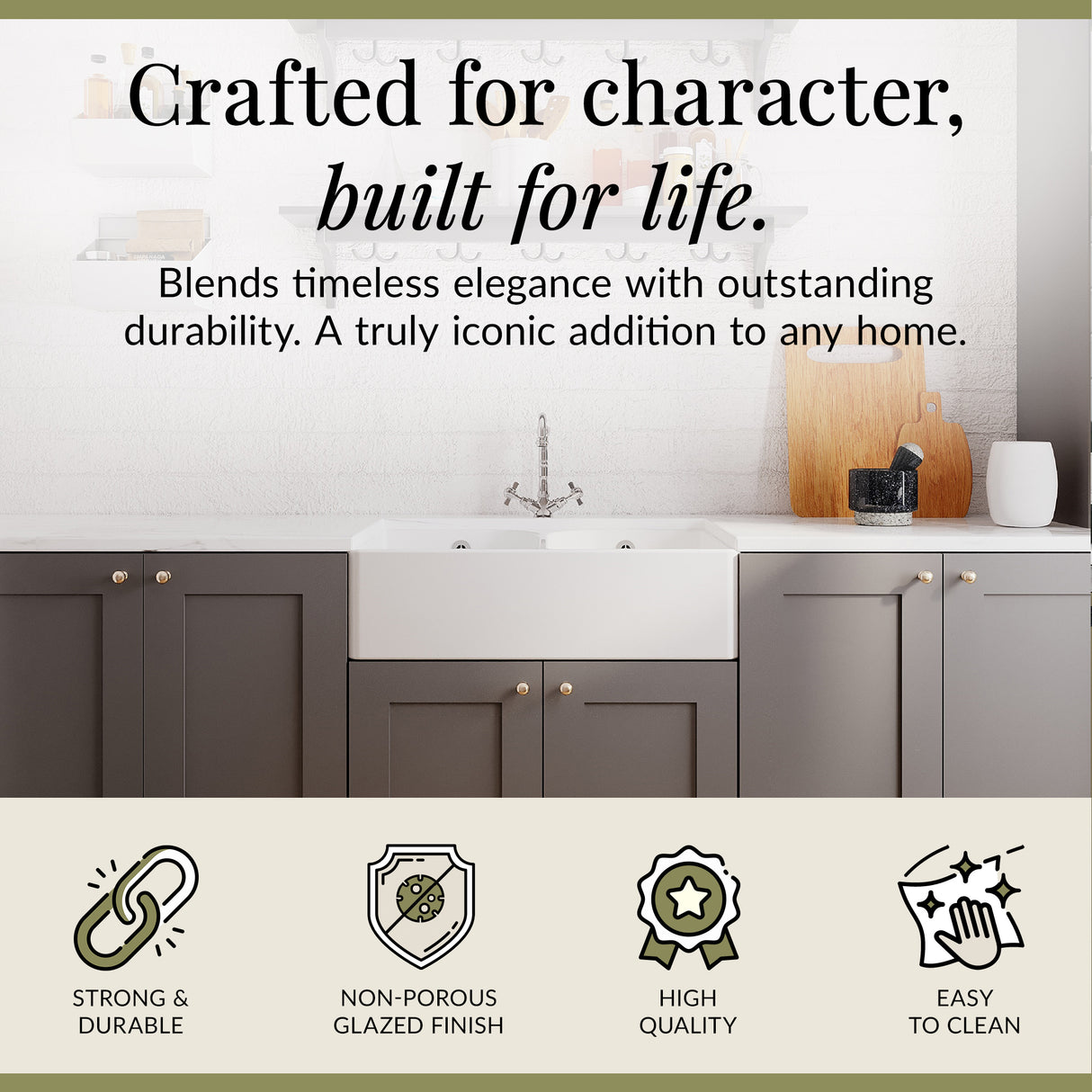 Double Bowl Butler Sink with Overflow - Choice of Tap and Waste - 795mm