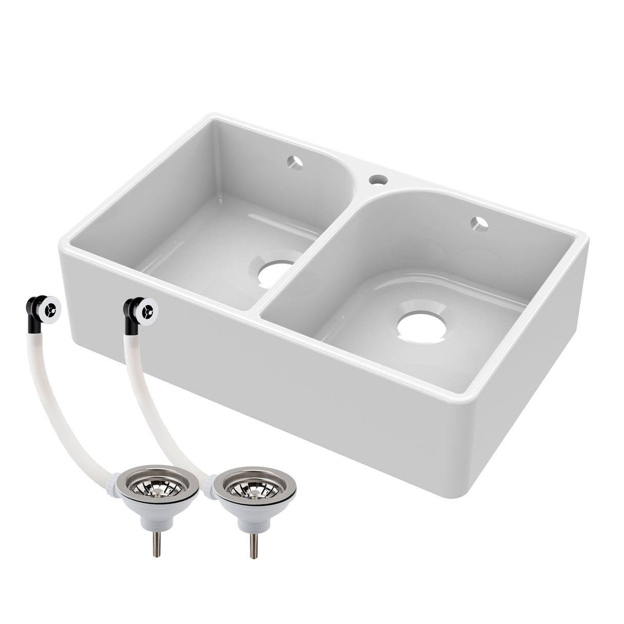 Double Bowl Fireclay Butler Kitchen Sink - Bundle Includes Full Weir, Tap Hole & Wastes