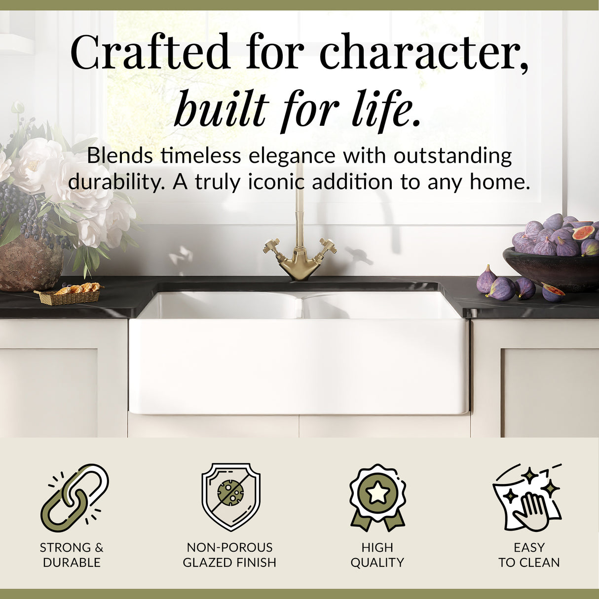 Double Bowl Fireclay Kitchen Stepped Weir Butler Kitchen Sink with No Overflow & No Tap Hole