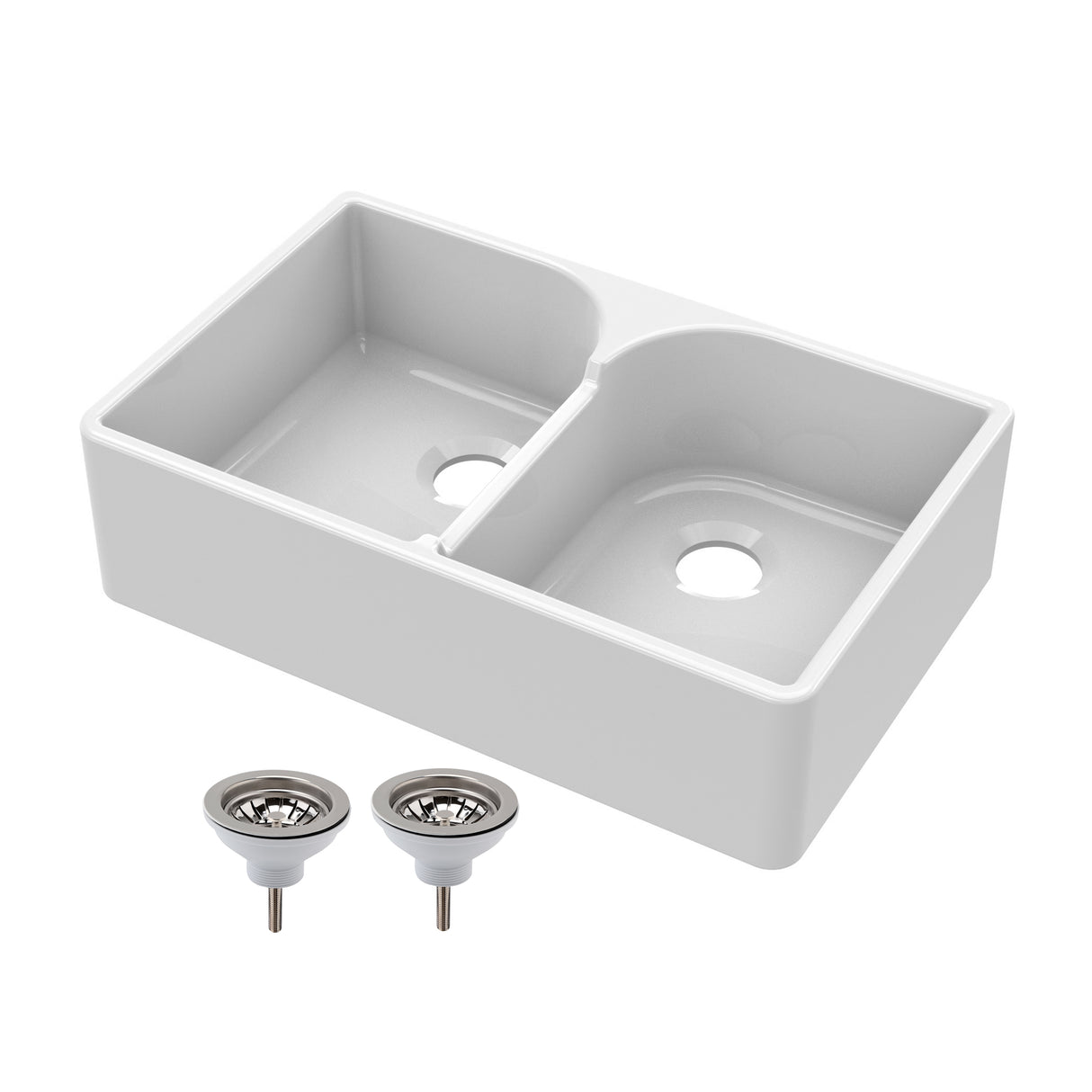 Double Bowl Fireclay Ceramic Butler Kitchen Sink with Stepped Weir & Wastes