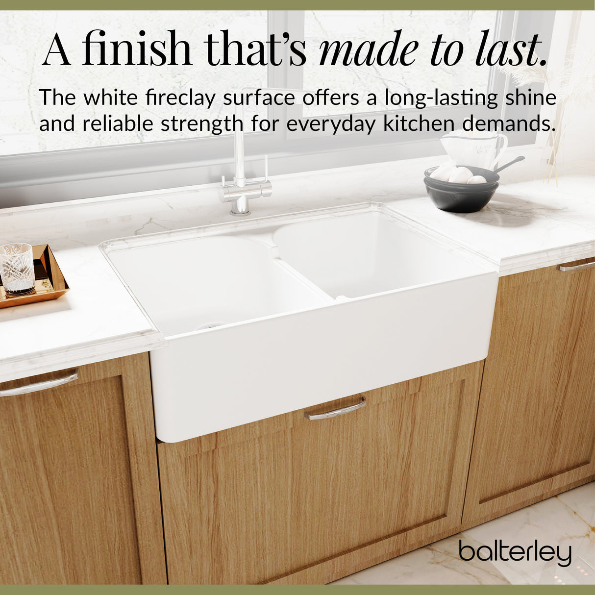 Double Bowl Fireclay Ceramic Butler Kitchen Sink with Stepped Weir & Wastes