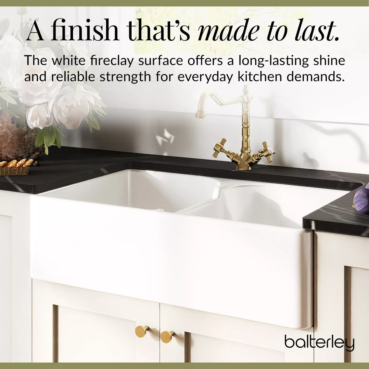 Fireclay Kitchen Bundle - Double Bowl Stepped Weir Butler Sink, Wastes & French Classic Tap, 795mm - Brushed Brass