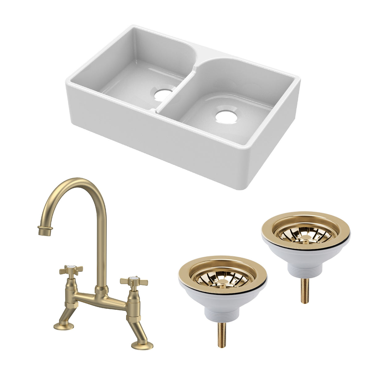Fireclay Kitchen Bundle - Double Bowl Stepped Weir Butler Sink, Wastes & Bridge Crosshead Tap, 795mm - Brushed Brass