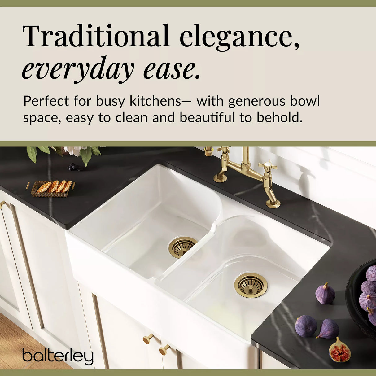 Fireclay Kitchen Bundle - Double Bowl Stepped Weir Butler Sink, Wastes & Bridge Crosshead Tap, 795mm - Brushed Brass