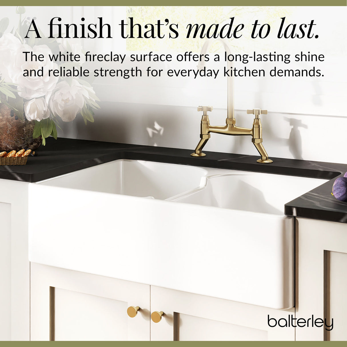 Fireclay Kitchen Bundle - Double Bowl Stepped Weir Butler Sink, Wastes & Bridge Crosshead Tap, 795mm - Brushed Brass