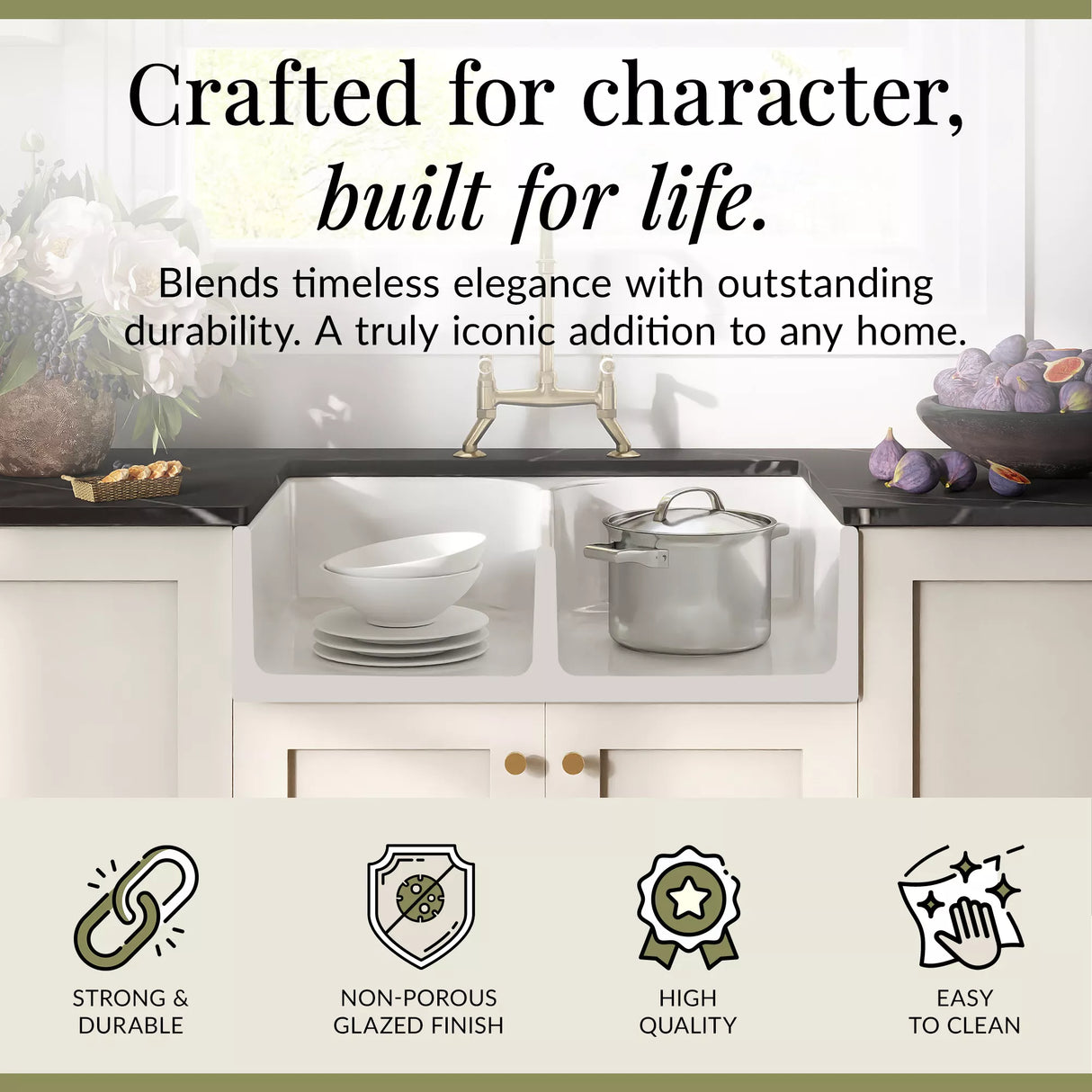 Fireclay Kitchen Bundle - Double Bowl Stepped Weir Butler Sink, Wastes & Bridge Lever Tap, 795mm - Brushed Brass