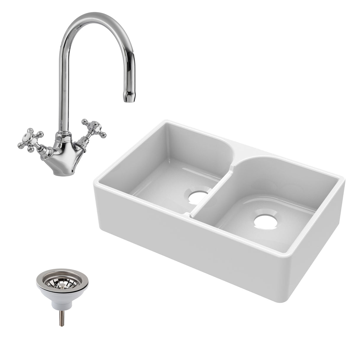 Double Bowl Fireclay Ceramic Stepped Weir Butler Kitchen Sink Bundle with Mono Mixer Tap & Waste
