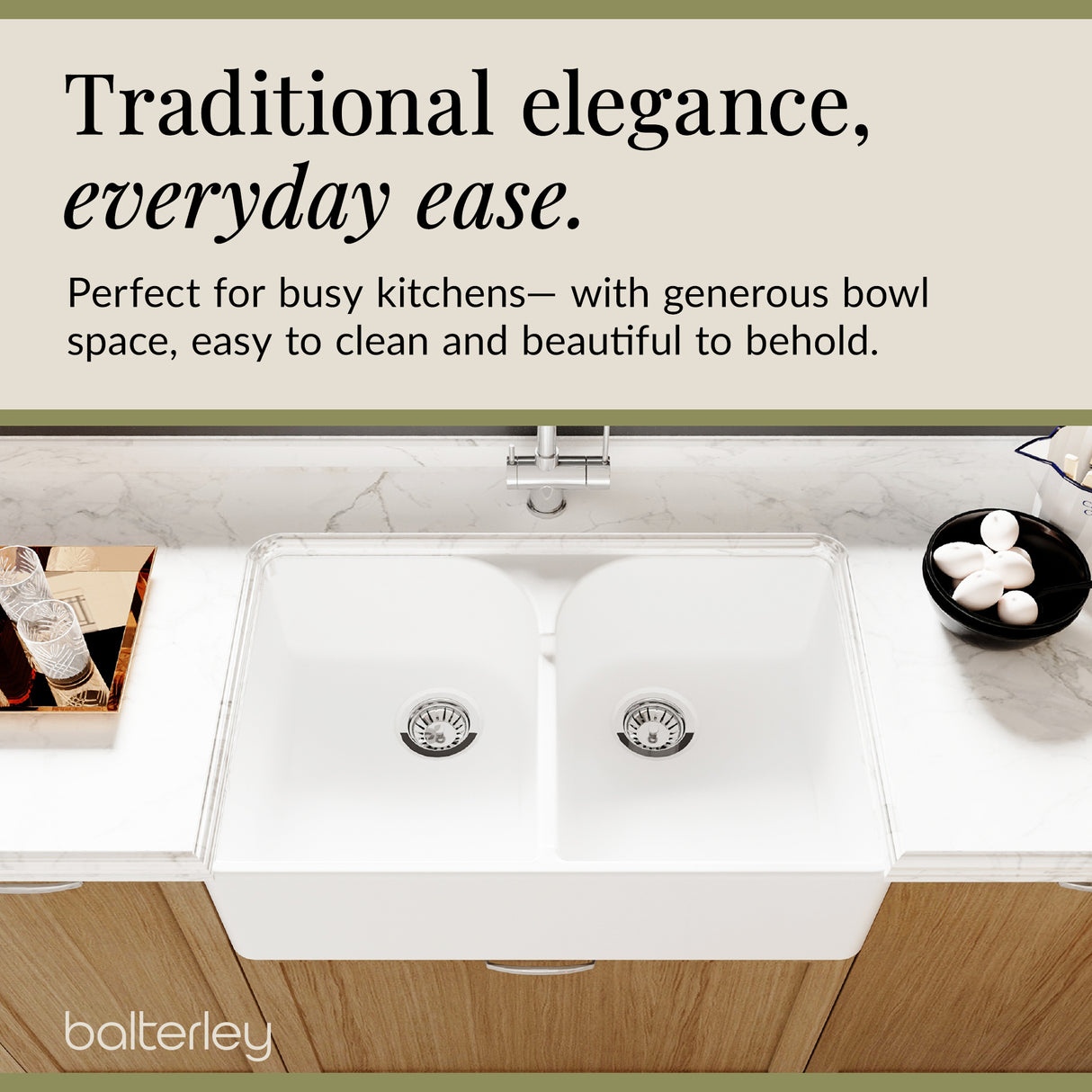 Double Bowl Fireclay Ceramic Butler Kitchen Sink with Stepped Weir & Wastes