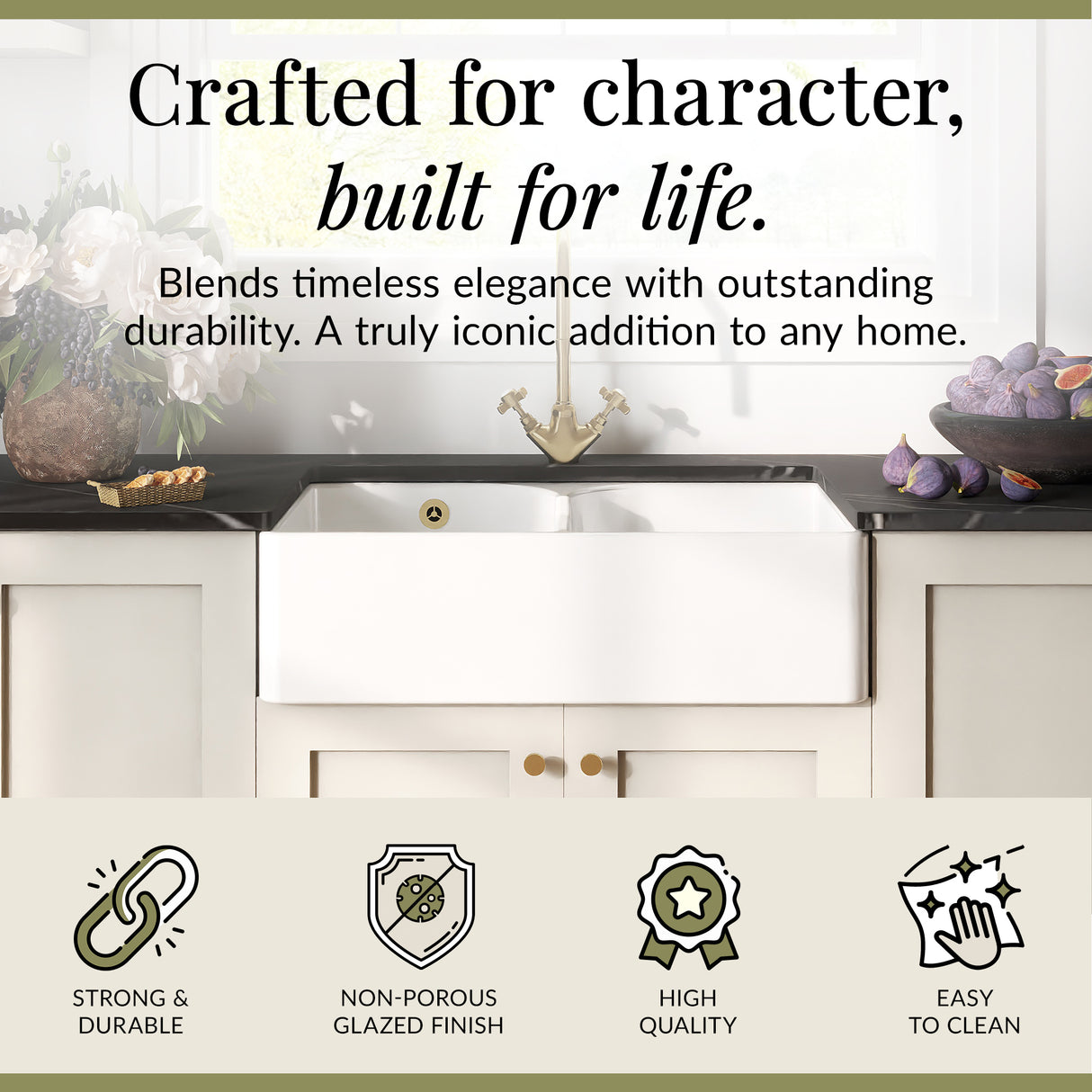 Double Bowl Fireclay Ceramic Stepped Weir Butler Kitchen Sink with Overflow