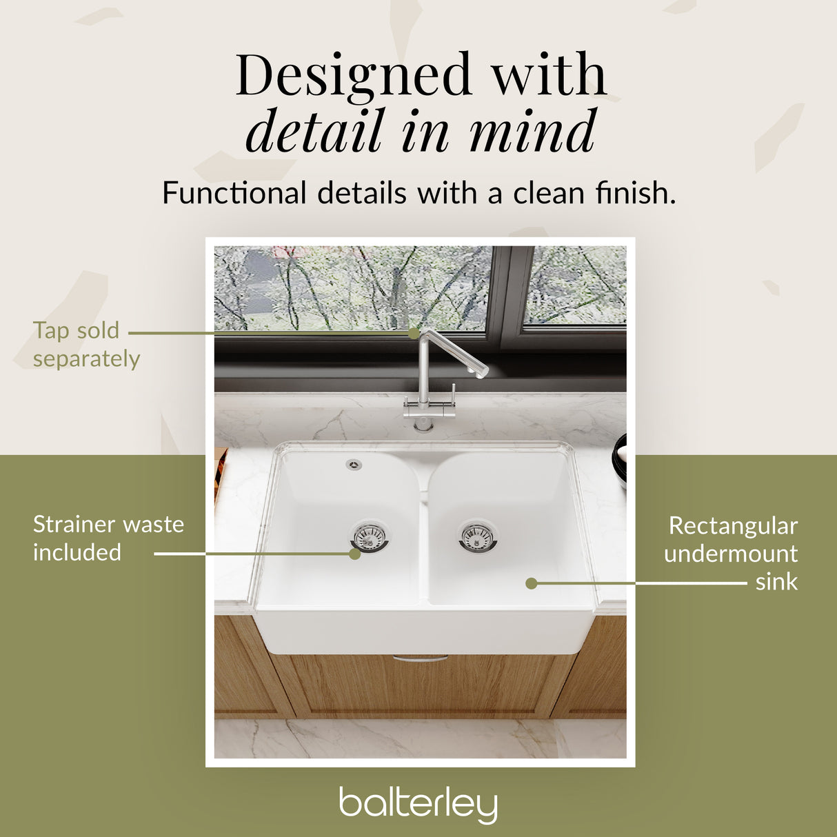 Double Bowl Fireclay Ceramic Butler Kitchen Sink with Stepped Weir & Wastes