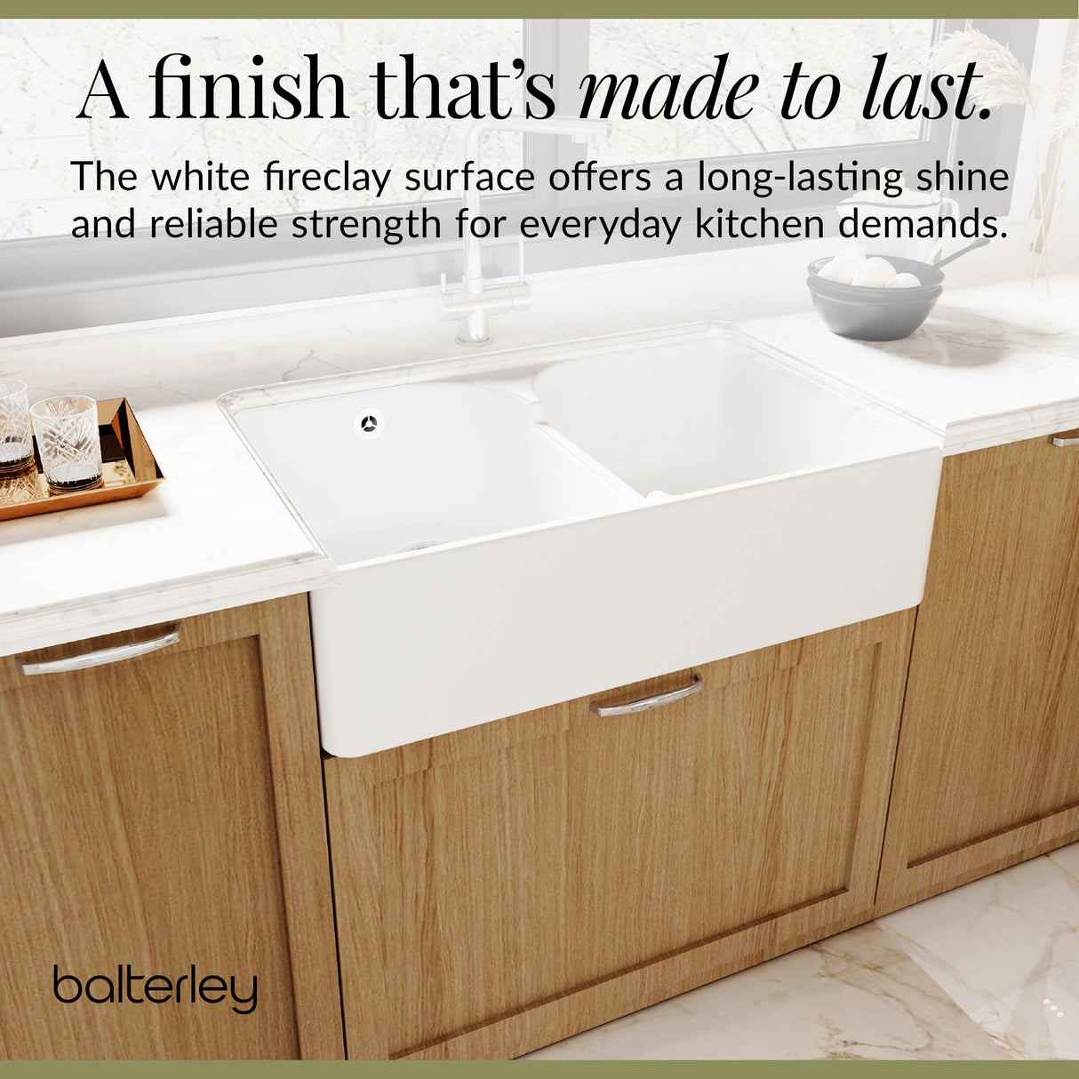 Double Bowl Fireclay Ceramic Butler Kitchen Sink with Stepped Weir & Wastes