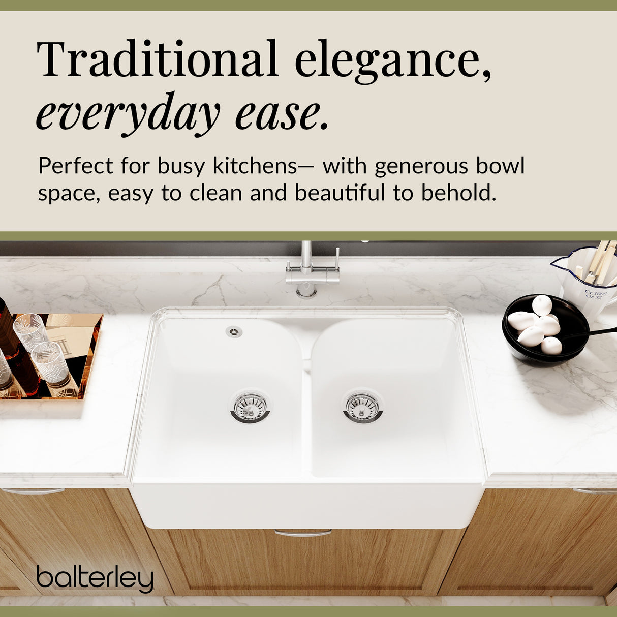 Double Bowl Fireclay Ceramic Butler Kitchen Sink with Stepped Weir & Wastes