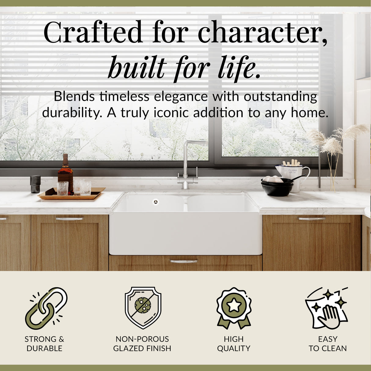 Double Bowl Fireclay Ceramic Butler Kitchen Sink with Stepped Weir & Wastes