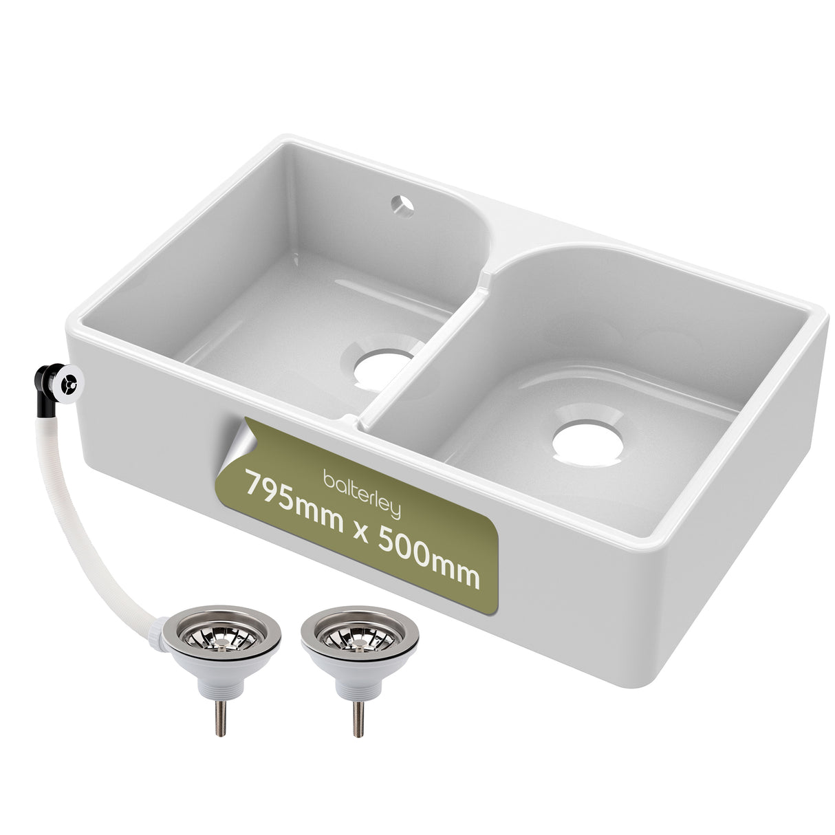 Double Bowl Fireclay Ceramic Butler Kitchen Sink with Stepped Weir & Wastes