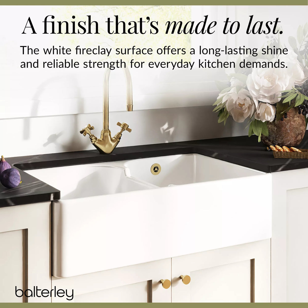 Fireclay Kitchen Bundle - Double Bowl Stepped Weir Butler Sink, Wastes & Crosshead Tap, 795mm - Brushed Brass