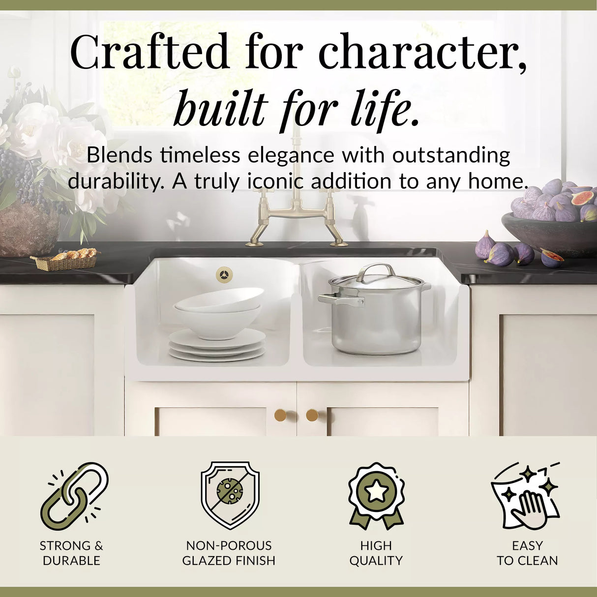 Fireclay Kitchen Bundle - Double Bowl Stepped Weir Butler Sink, Wastes & Crosshead Tap, 795mm - Brushed Brass