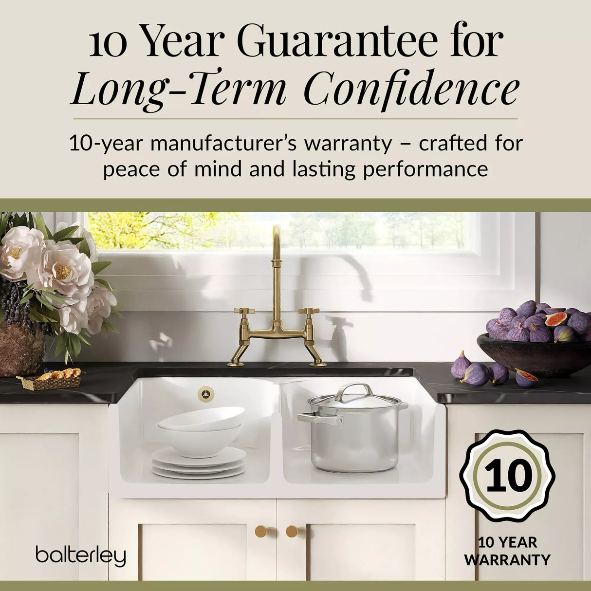 Fireclay Kitchen Bundle - Double Bowl Stepped Weir Butler Sink, Wastes & Crosshead Tap, 795mm - Brushed Brass