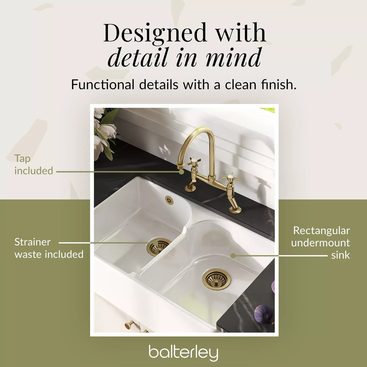 Fireclay Kitchen Bundle - Double Bowl Stepped Weir Butler Sink, Wastes & Crosshead Tap, 795mm - Brushed Brass