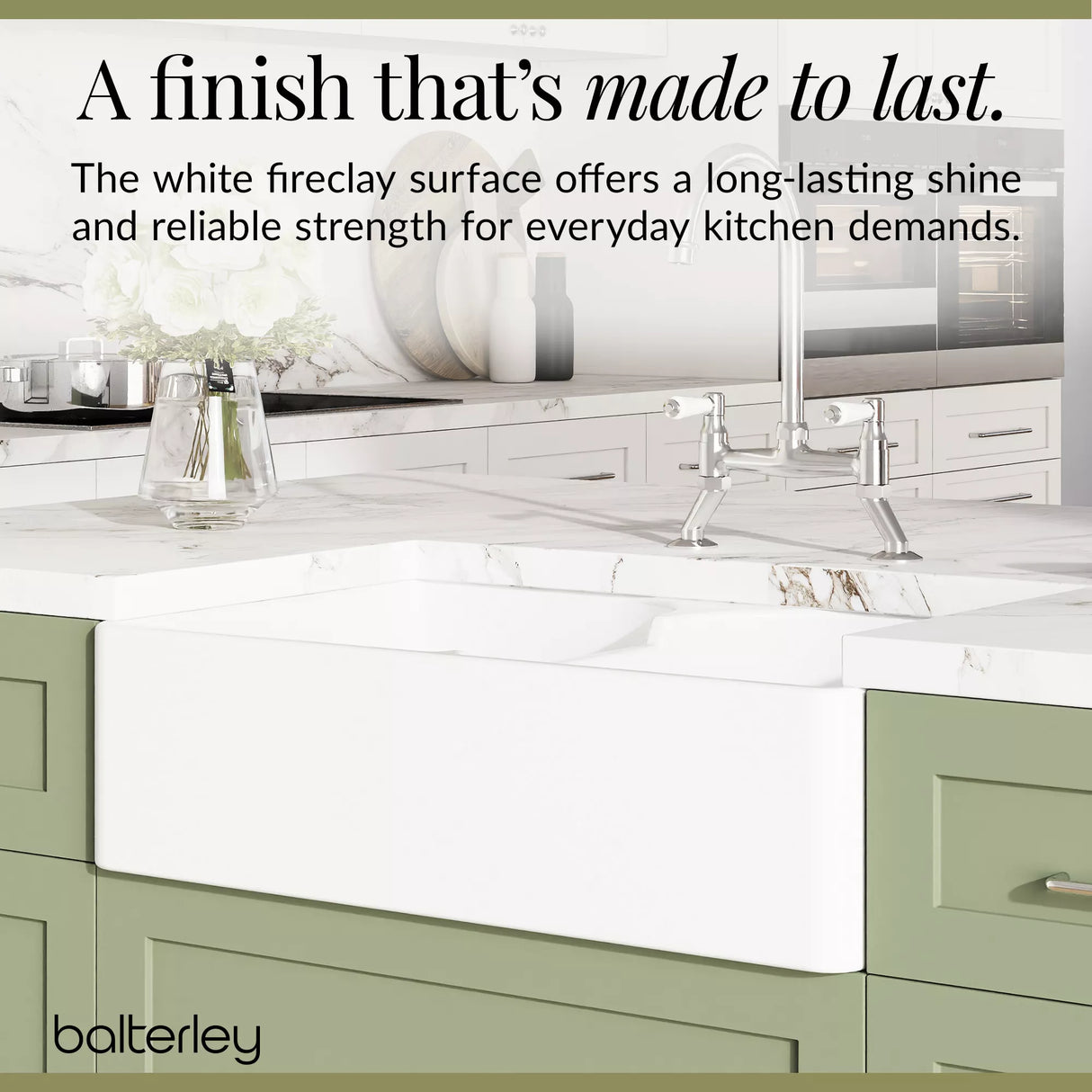 Fireclay Kitchen Bundle - Double Bowl Stepped Weir Butler Sink, Compatible Wastes & Bridge Lever Tap, 795mm - Chrome