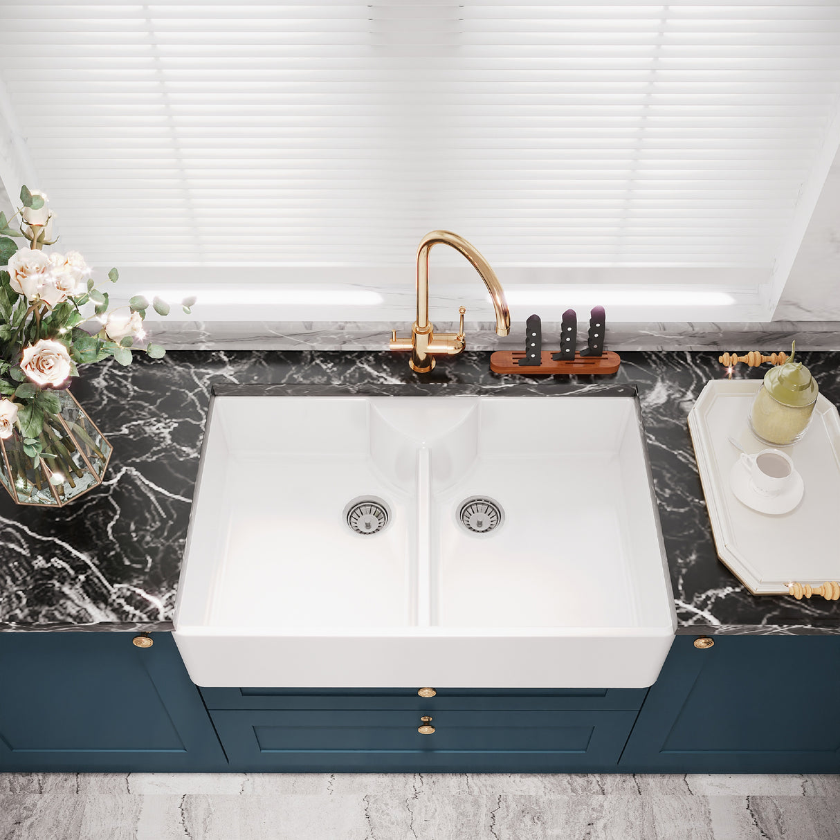 Double Bowl Fireclay Ceramic Butler Kitchen Sink with Stepped Weir, Tap Ledge & Wastes