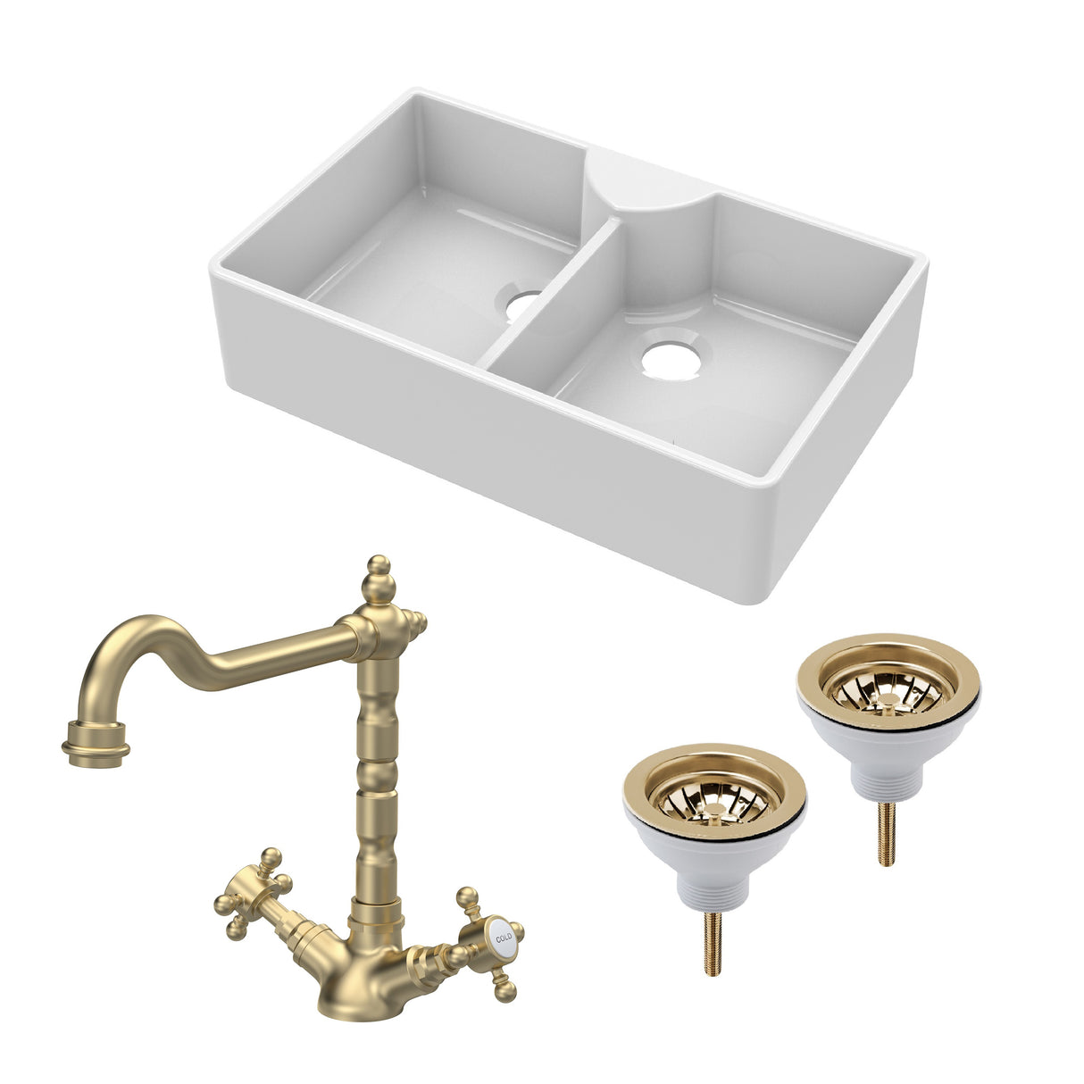Fireclay Kitchen Bundle - Double Bowl Butler Sink, 2 x Wastes & French Classic Tap, 895mm - Brushed Brass