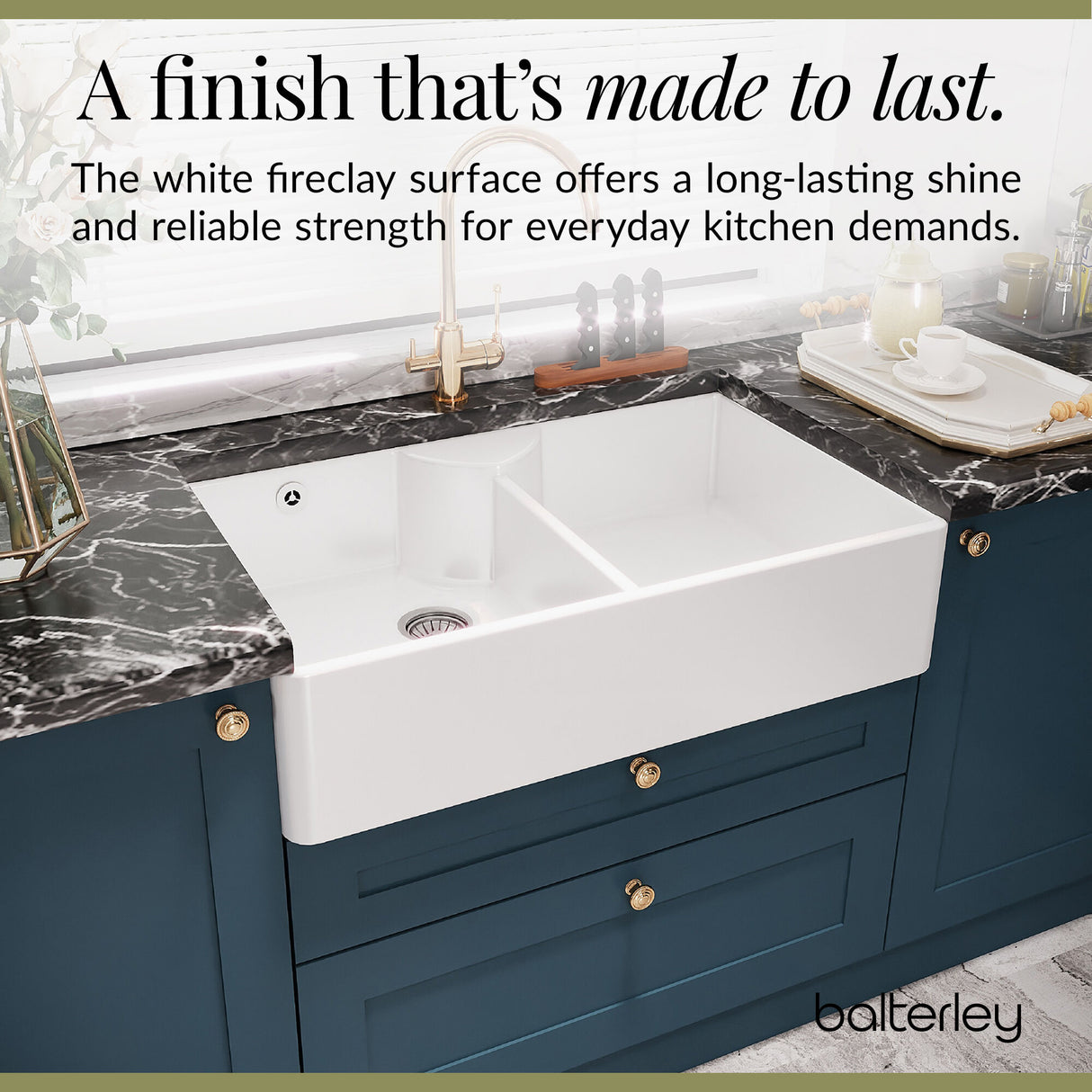 Double Bowl Fireclay Ceramic Stepped Weir Butler Sink with Tap Ledge & Overflow