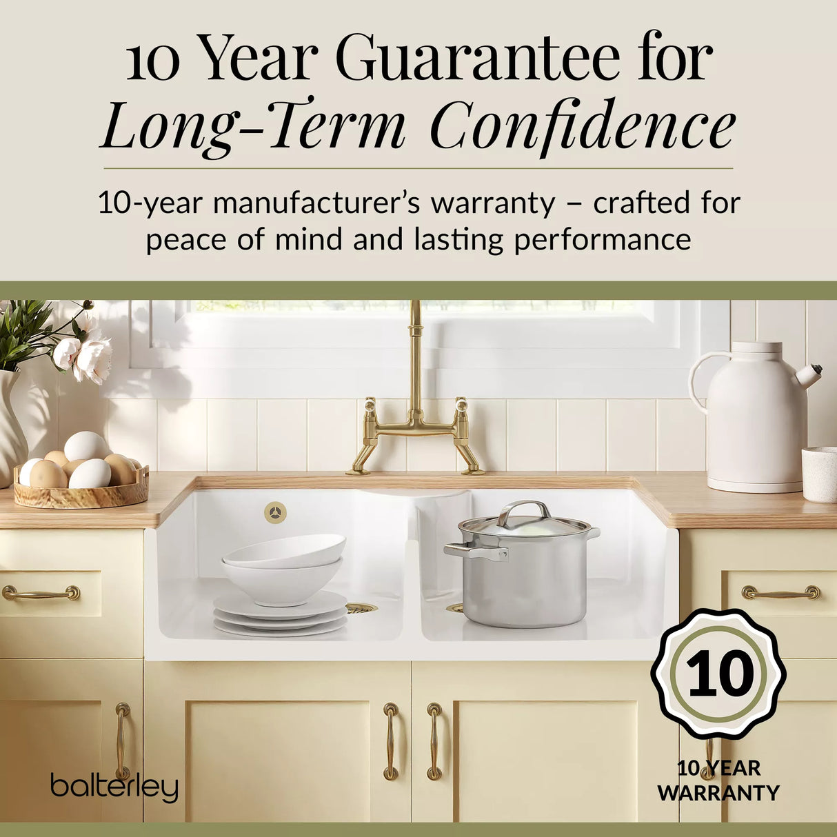 Fireclay Kitchen Bundle - Double Bowl Stepped Weir Butler Sink, Wastes & Bridge Lever Tap, 895mm, Brushed Brass