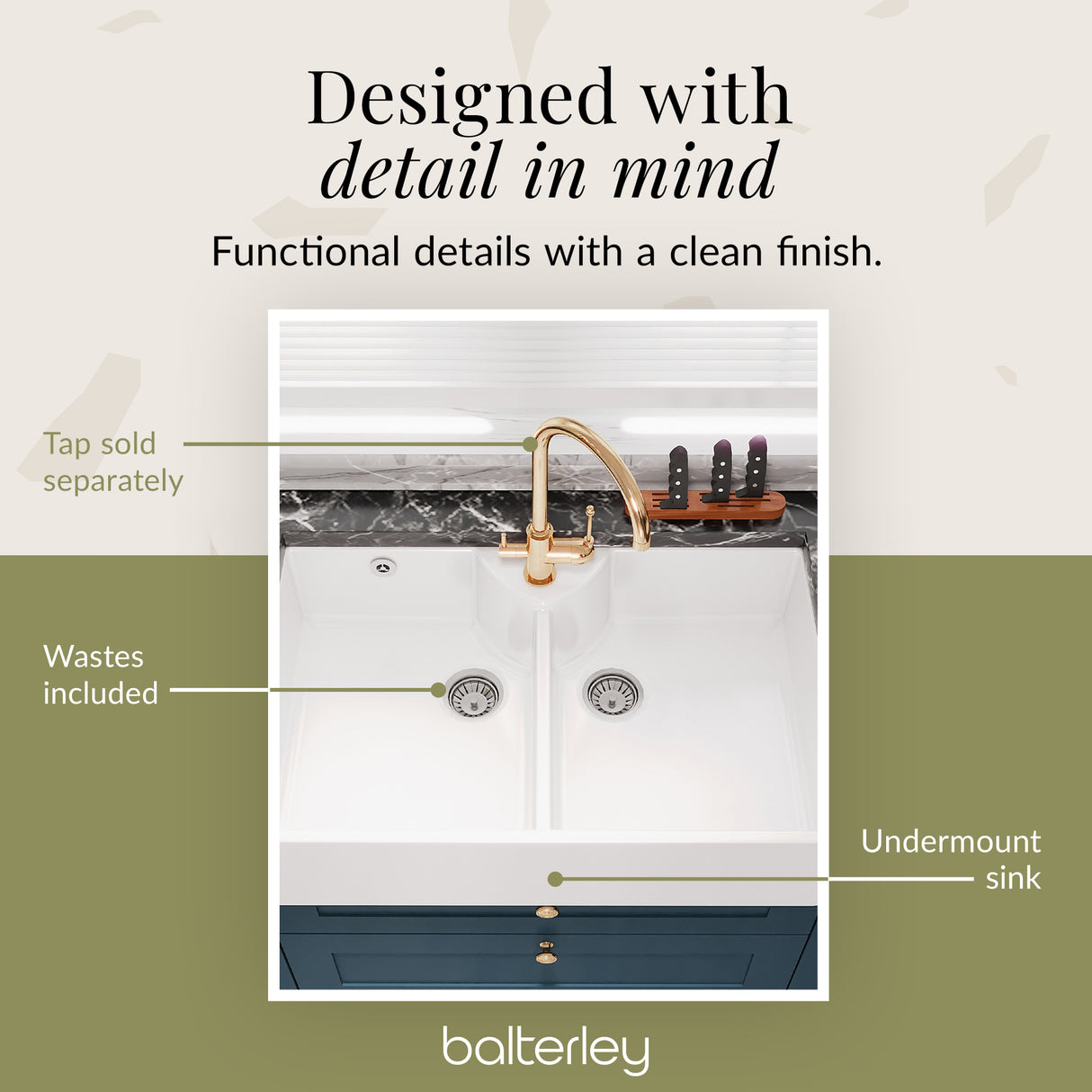 Double Bowl Fireclay Ceramic Butler Kitchen Sink with Stepped Weir, Tap Hole & Waste