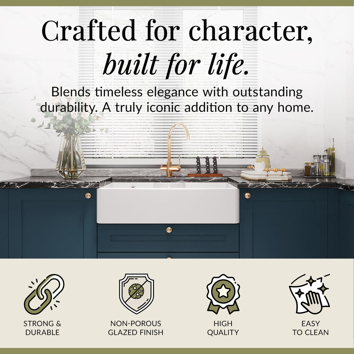 Double Bowl Fireclay Ceramic Butler Kitchen Sink with Stepped Weir, Tap Hole & Waste