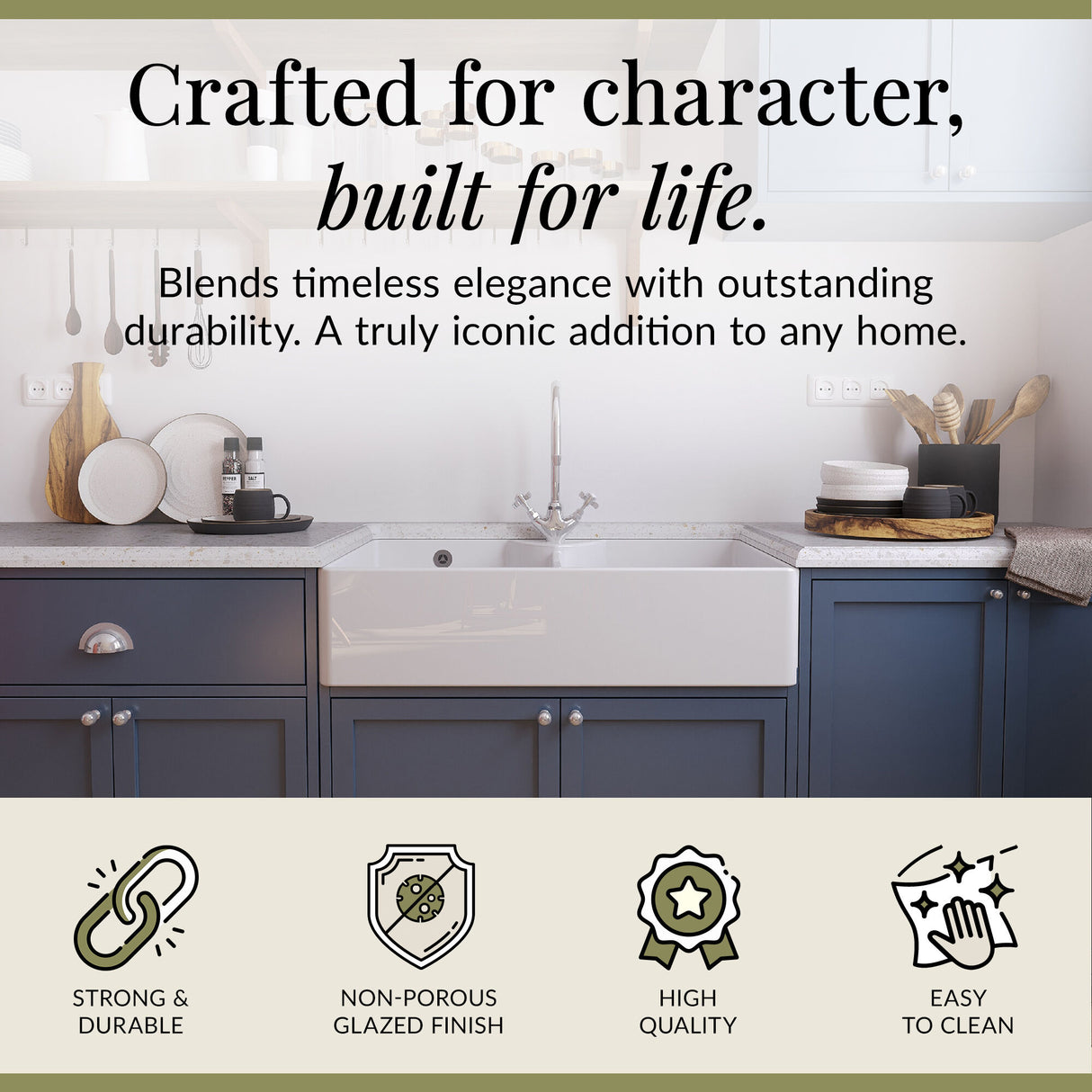 Double Bowl Fireclay Ceramic Butler Kitchen Sink Bundle with Overflow, Mixer Tap & Wastes