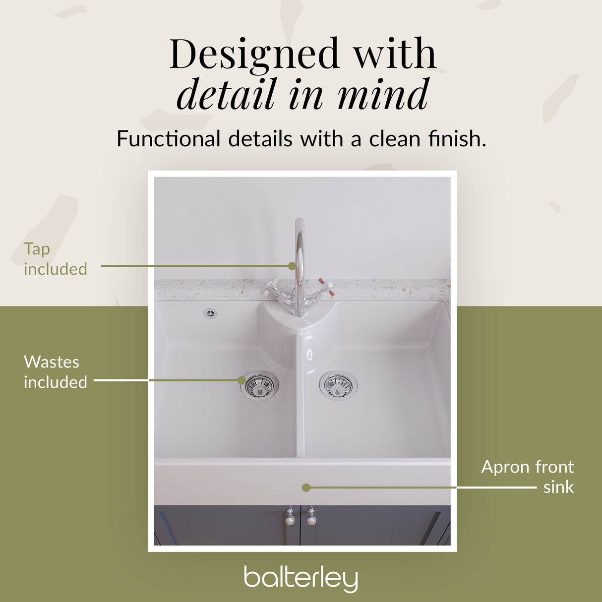 Double Bowl Fireclay Ceramic Butler Kitchen Sink Bundle with Overflow, Mixer Tap & Wastes
