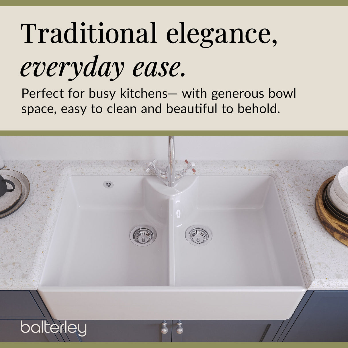 Double Bowl Fireclay Ceramic Butler Kitchen Sink Bundle with Overflow, Mixer Tap & Wastes