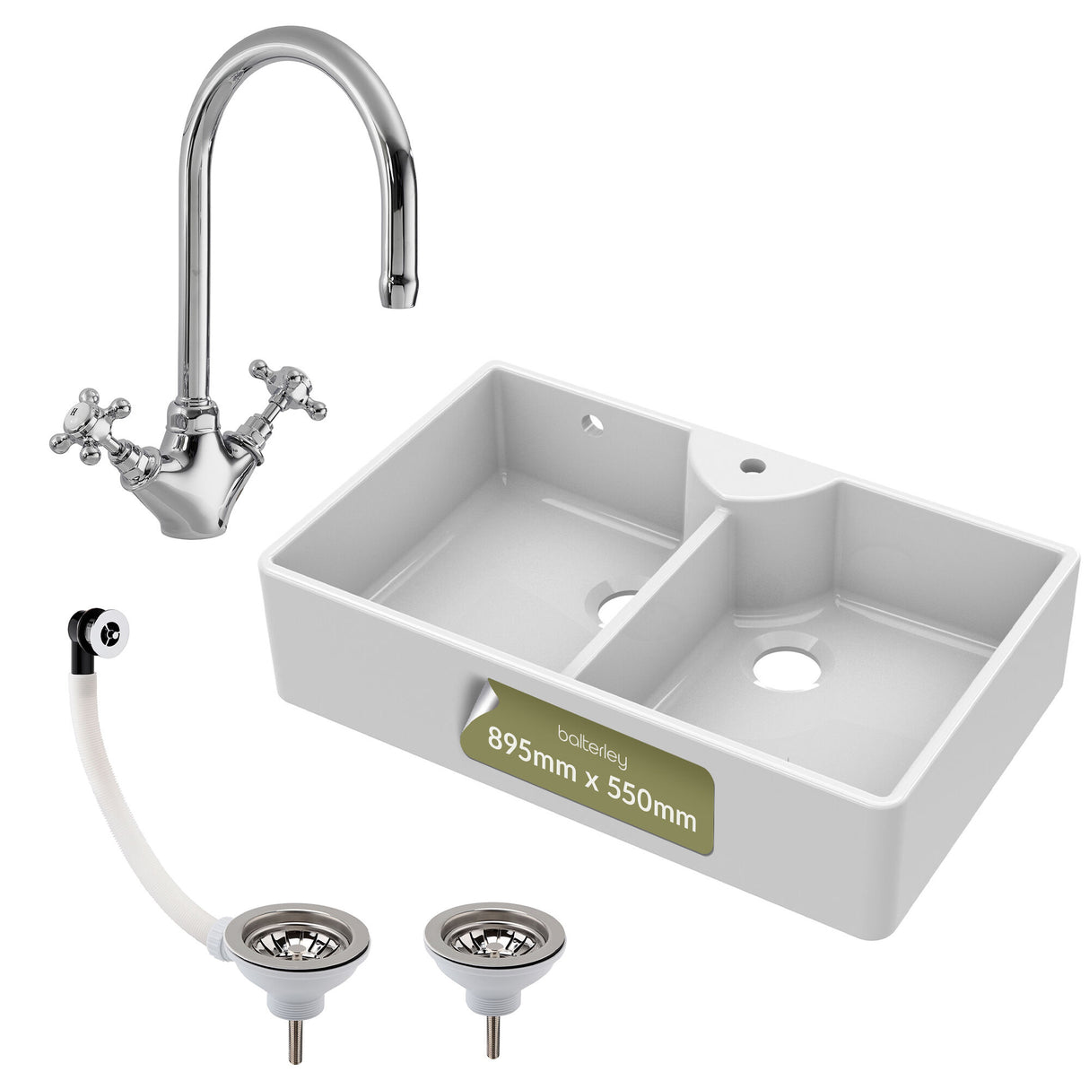 Double Bowl Fireclay Ceramic Butler Kitchen Sink Bundle with Overflow, Mixer Tap & Wastes