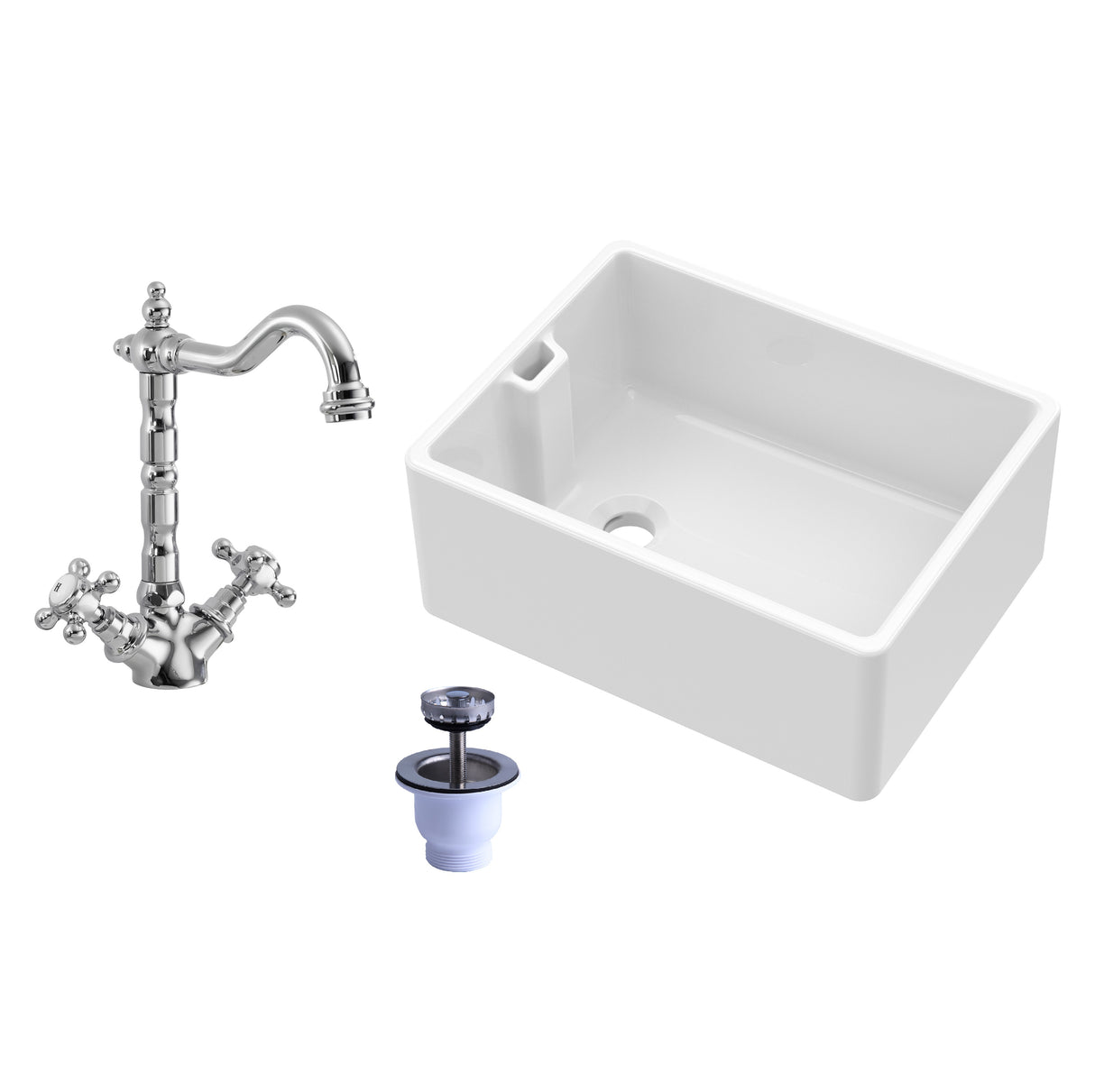 Single Bowl Fireclay Ceramic Belfast Kitchen Sink Bundle French Classic Tap & Waste