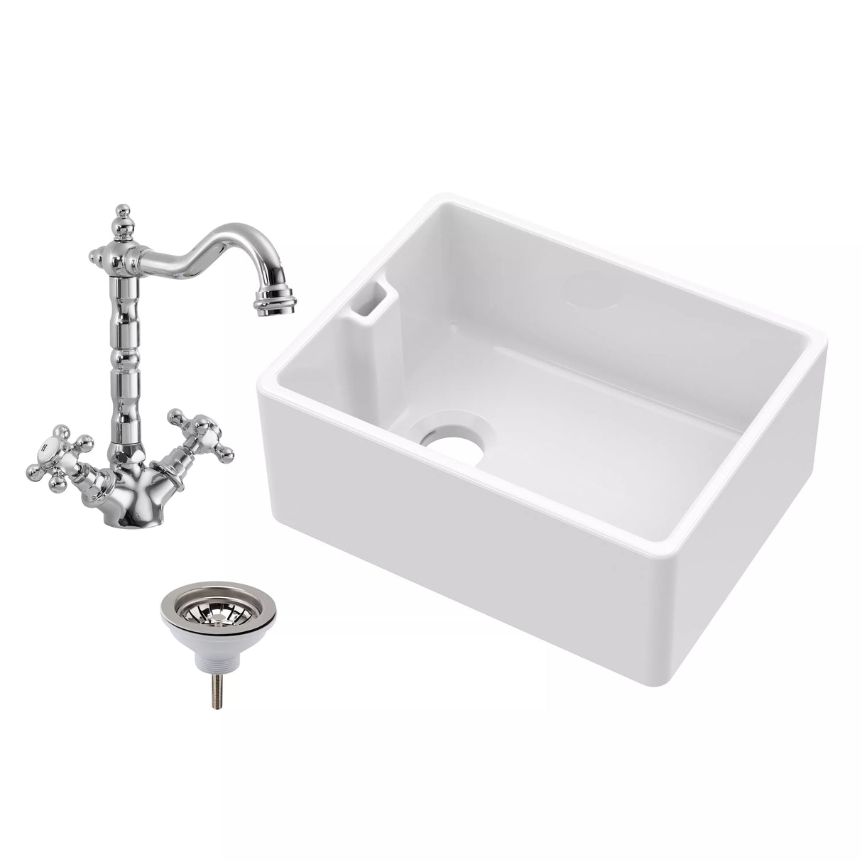 Single Bowl Fireclay Ceramic Belfast Kitchen Sink Bundle French Classic Tap & Waste