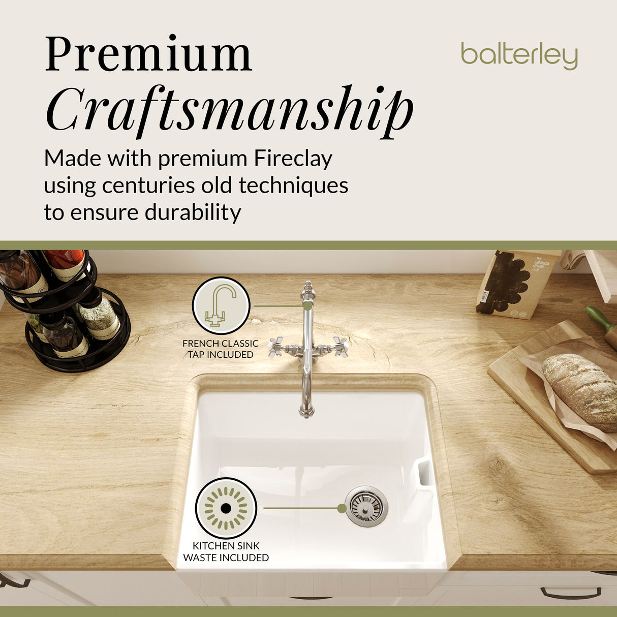Single Bowl Fireclay Ceramic Belfast Kitchen Sink Bundle French Classic Tap & Waste