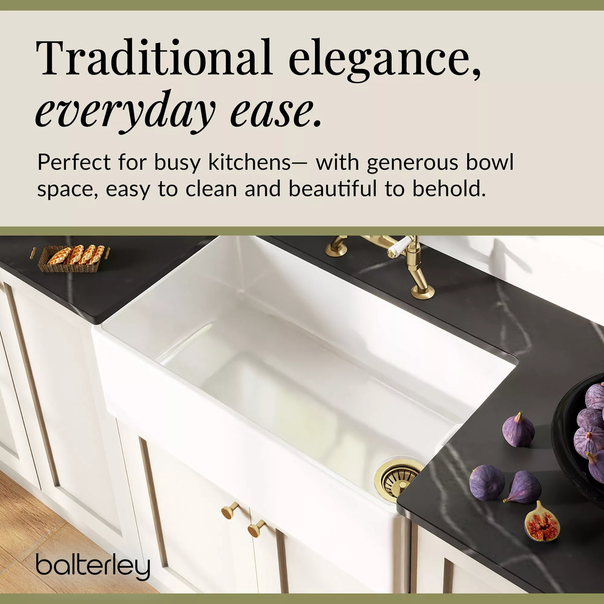 Fireclay Kitchen Bundle - Single Bowl Belfast Sink, Strainer Waste & Bridge Lever Tap, 795mm - Brushed Brass