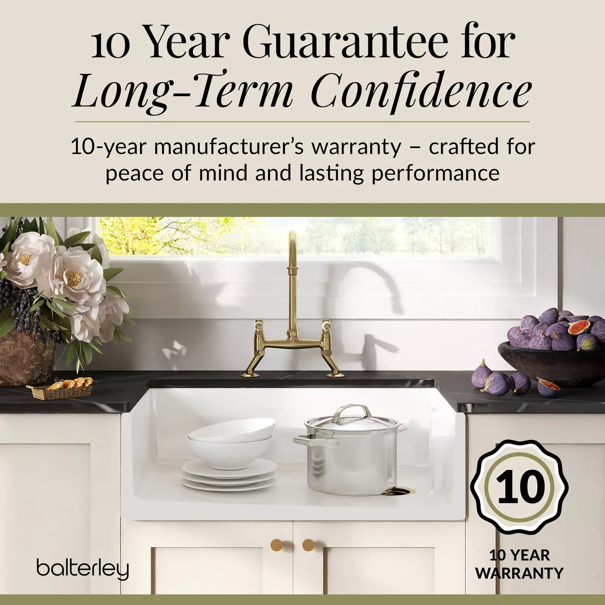 Fireclay Kitchen Bundle - Single Bowl Belfast Sink, Strainer Waste & Bridge Lever Tap, 795mm - Brushed Brass