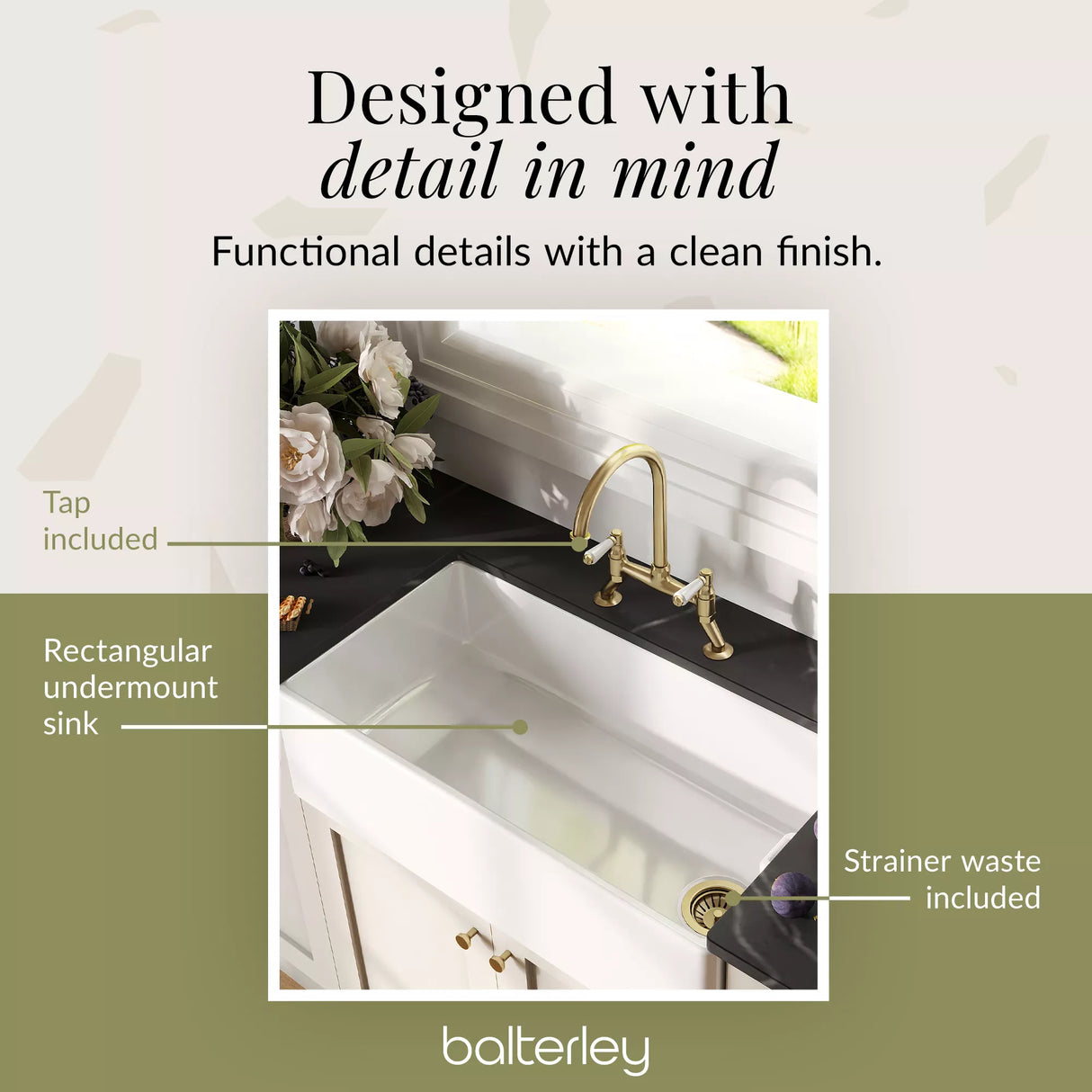 Fireclay Kitchen Bundle - Single Bowl Belfast Sink, Strainer Waste & Bridge Lever Mixer Tap, 895mm - Brushed Brass