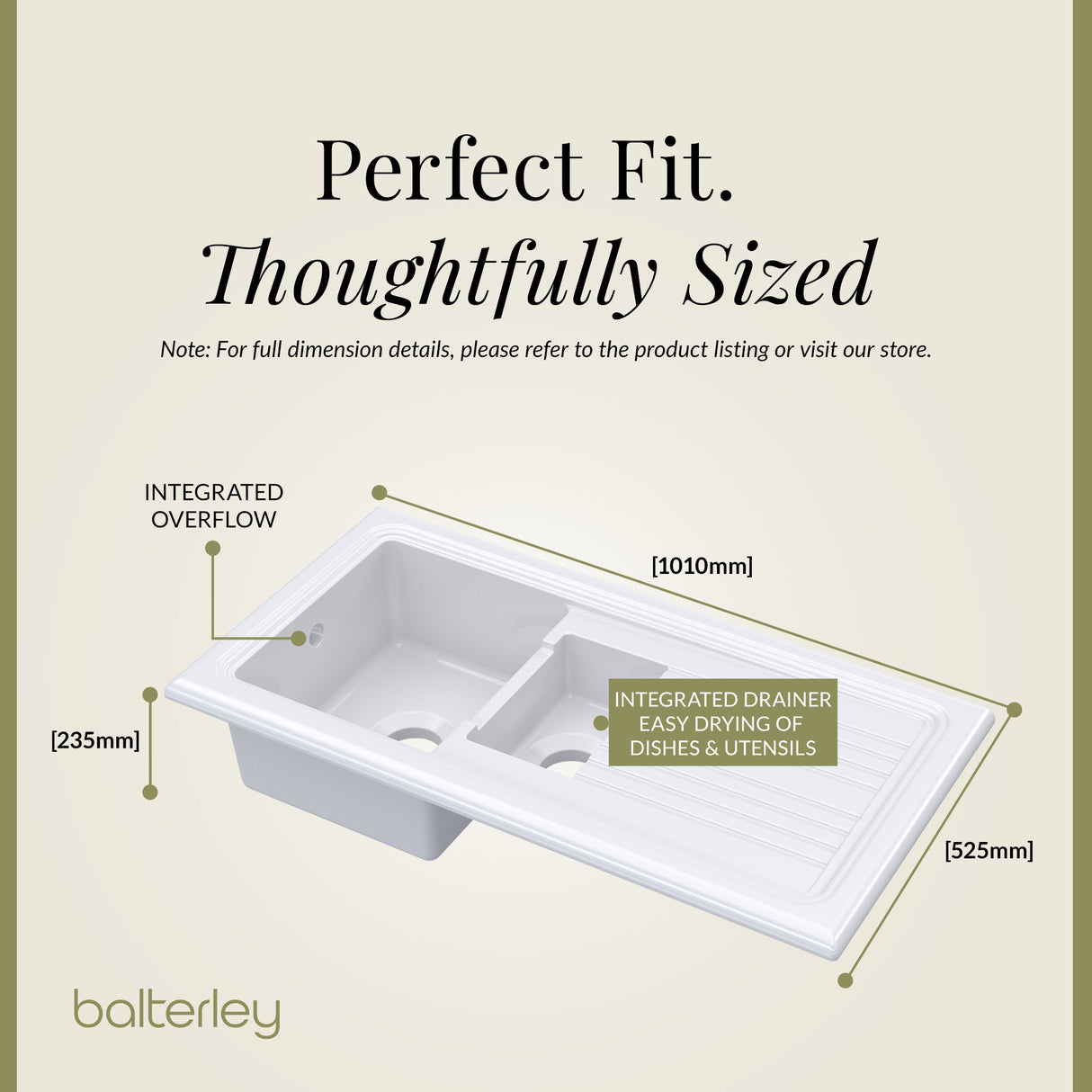 101cm 1.5 Bowl Fireclay Inset Kitchen Sink with Waste - 1010 x 525 x 235mm - Choice of Waste Finish